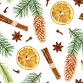 Christmas and New Year seamless pattern with fir branches, pine cones, cinnamon, dried oranges, anise stars, and cloves.